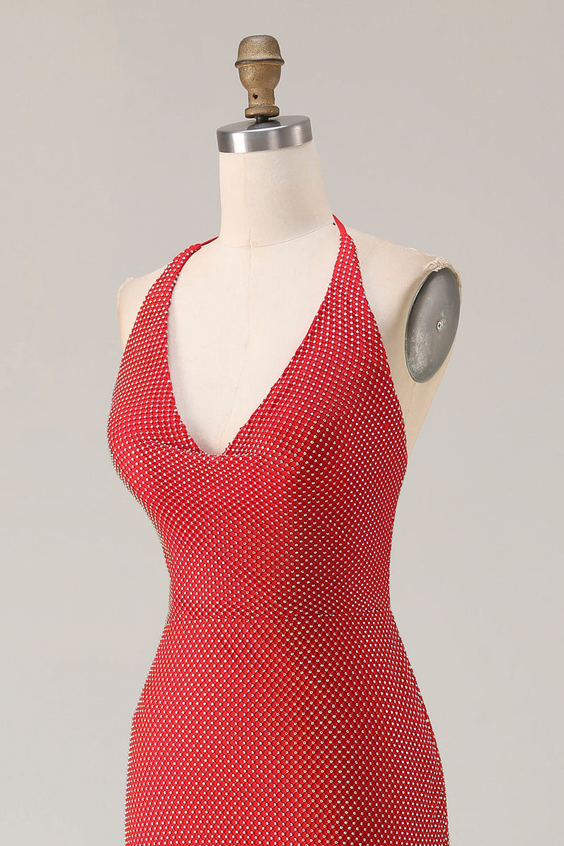 Load image into Gallery viewer, Sparkly Red Halter Beaded Mermaid Long Prom Dress with Slit