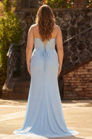 Load image into Gallery viewer, Sparkly Plus Size Sky Blue Mermaid Beaded Long Corset Prom Dress with Slit