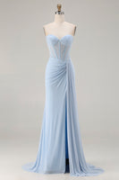 Load image into Gallery viewer, Sparkly Sky Blue Beaded Mermaid Long Corset Prom Dress with Slit