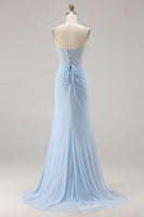 Load image into Gallery viewer, Sparkly Sky Blue Beaded Mermaid Long Corset Prom Dress with Slit