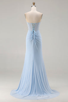 Sparkly Sky Blue Beaded Mermaid Long Corset Prom Dress with Slit