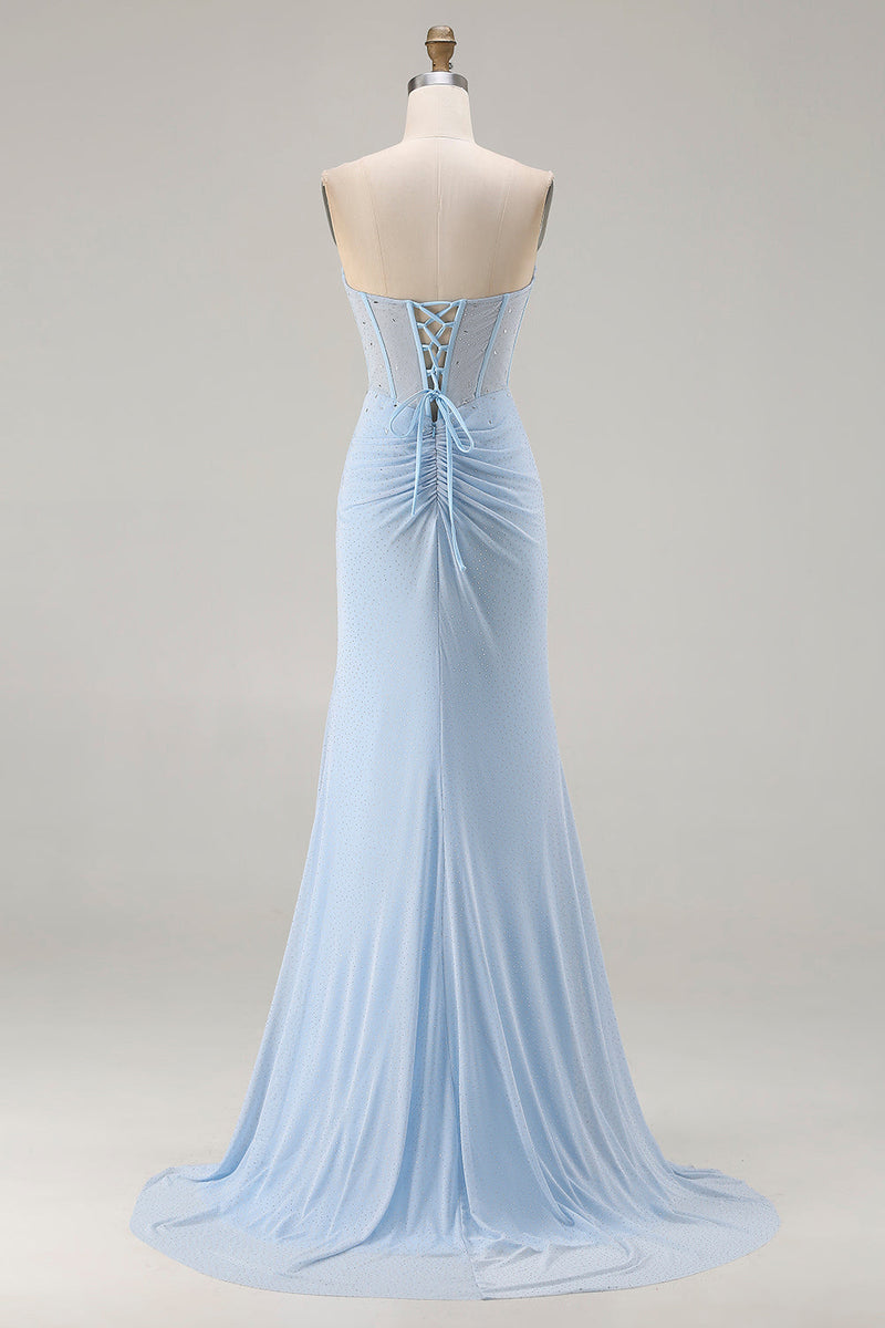 Load image into Gallery viewer, Sparkly Sky Blue Beaded Mermaid Long Corset Prom Dress with Slit