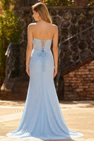 Load image into Gallery viewer, Sparkly Plus Size Sky Blue Mermaid Beaded Long Corset Prom Dress with Slit