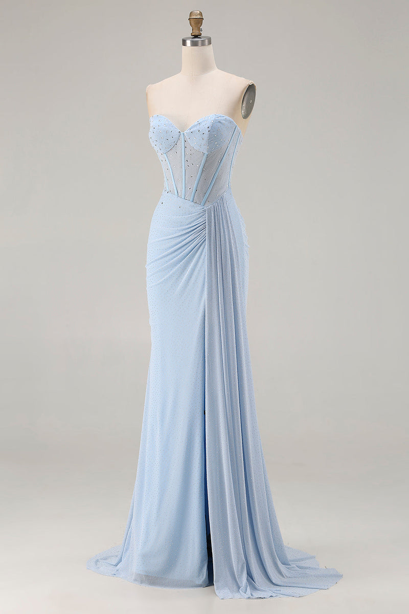 Load image into Gallery viewer, Sparkly Sky Blue Beaded Mermaid Long Corset Prom Dress with Slit
