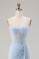 Load image into Gallery viewer, Sparkly Sky Blue Beaded Mermaid Long Corset Prom Dress with Slit