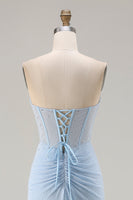 Load image into Gallery viewer, Sparkly Sky Blue Beaded Mermaid Long Corset Prom Dress with Slit