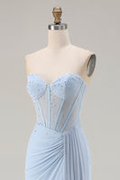 Load image into Gallery viewer, Sparkly Sky Blue Beaded Mermaid Long Corset Prom Dress with Slit