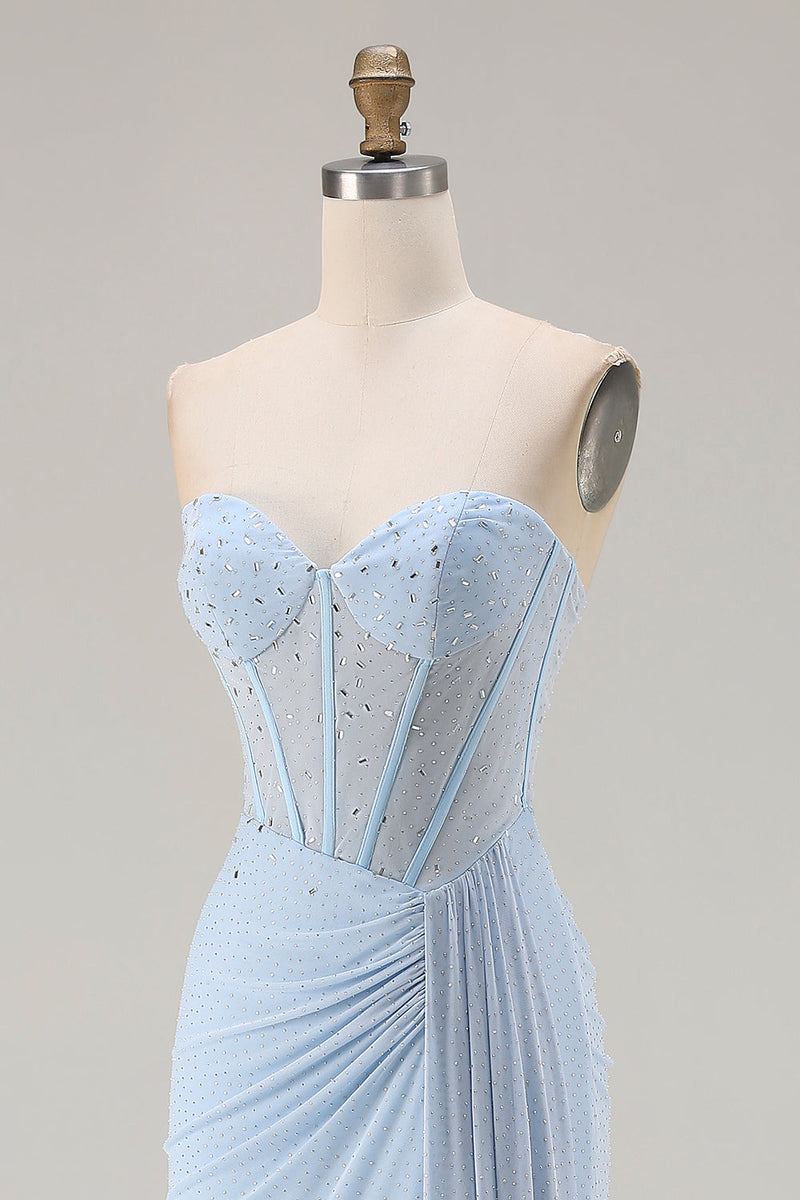 Load image into Gallery viewer, Sparkly Sky Blue Beaded Mermaid Long Corset Prom Dress with Slit