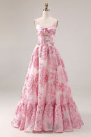 Load image into Gallery viewer, Pink Spaghetti Straps Floral Long Corset Prom Dress with Keyhole
