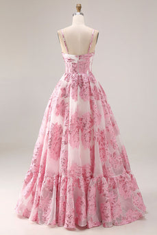 Pink Spaghetti Straps Floral Long Corset Prom Dress with Keyhole