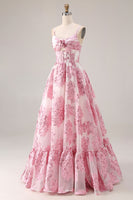 Load image into Gallery viewer, Pink Spaghetti Straps Floral Long Corset Prom Dress with Keyhole
