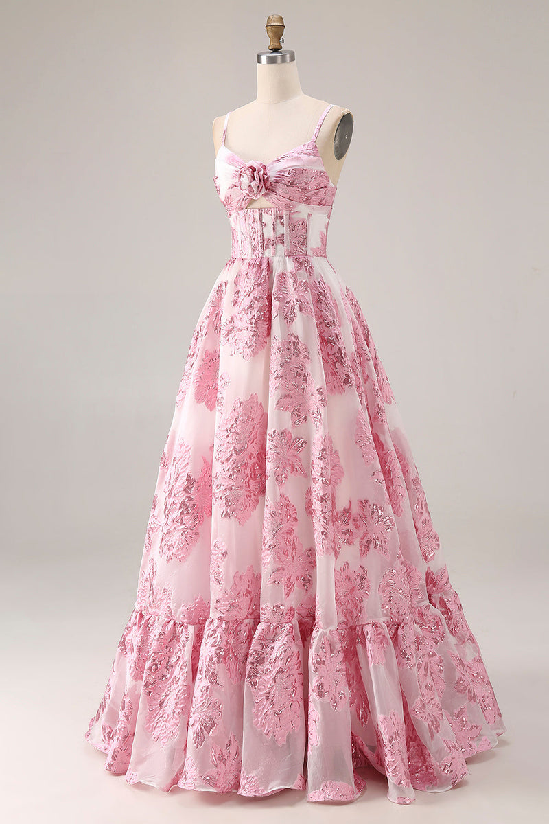 Load image into Gallery viewer, Pink Spaghetti Straps Floral Long Corset Prom Dress with Keyhole