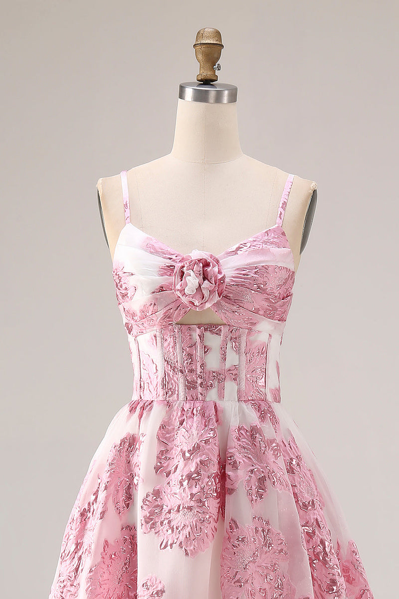 Load image into Gallery viewer, Pink Spaghetti Straps Floral Long Corset Prom Dress with Keyhole