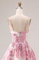 Load image into Gallery viewer, Pink Spaghetti Straps Floral Long Corset Prom Dress with Keyhole