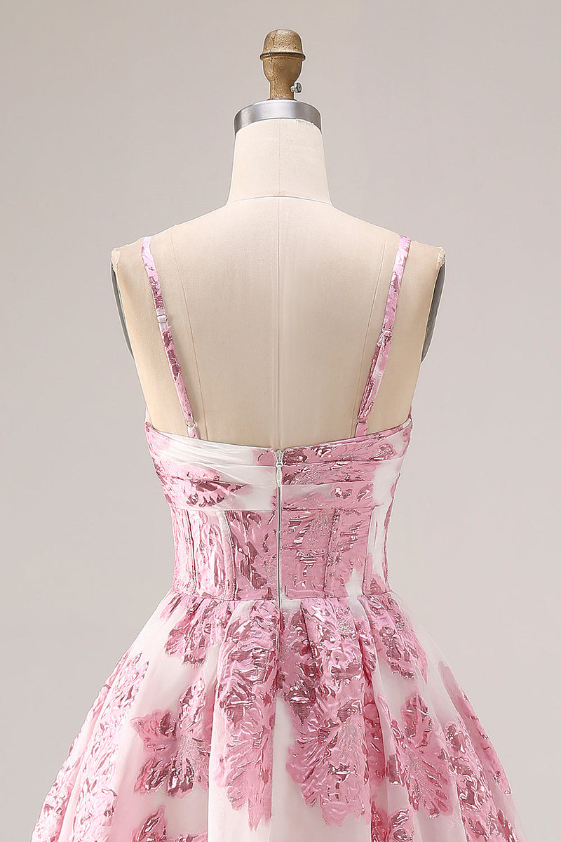 Load image into Gallery viewer, Pink Spaghetti Straps Floral Long Corset Prom Dress with Keyhole