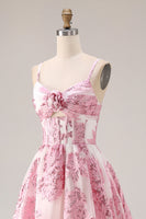 Load image into Gallery viewer, Pink Spaghetti Straps Floral Long Corset Prom Dress with Keyhole
