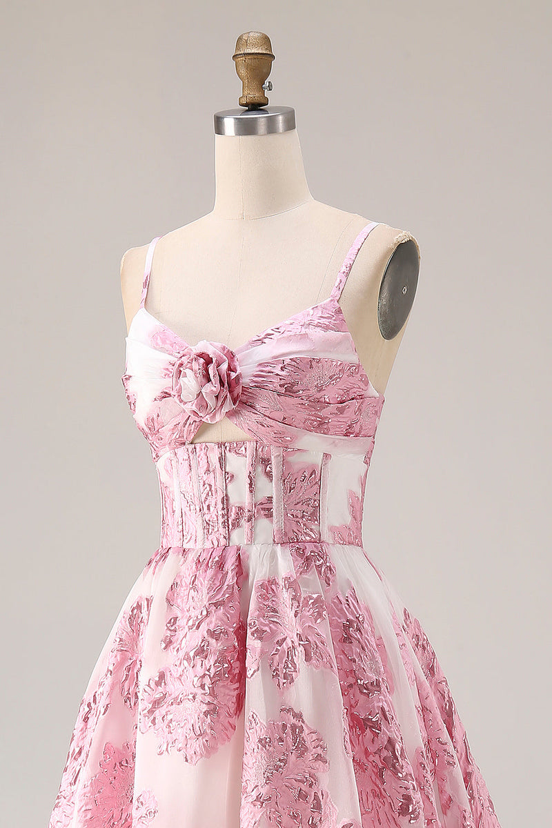 Load image into Gallery viewer, Pink Spaghetti Straps Floral Long Corset Prom Dress with Keyhole