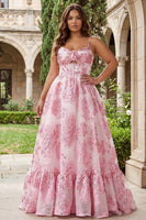 Load image into Gallery viewer, Pink Plus Size Floral Spaghetti Straps Long Corset Prom Dress with Keyhole