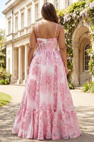 Load image into Gallery viewer, Pink Plus Size Floral Spaghetti Straps Long Corset Prom Dress with Keyhole