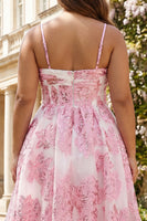 Load image into Gallery viewer, Pink Plus Size Floral Spaghetti Straps Long Corset Prom Dress with Keyhole