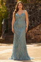 Load image into Gallery viewer, Sparkly Plus Size Mermaid Grey Blue Long Prom Dress with Beadings