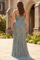 Load image into Gallery viewer, Sparkly Plus Size Mermaid Grey Blue Long Prom Dress with Beadings
