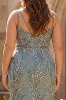 Load image into Gallery viewer, Sparkly Plus Size Mermaid Grey Blue Long Prom Dress with Beadings