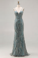 Load image into Gallery viewer, Sparkly Grey Blue Mermaid Long Prom Dress with Beadings