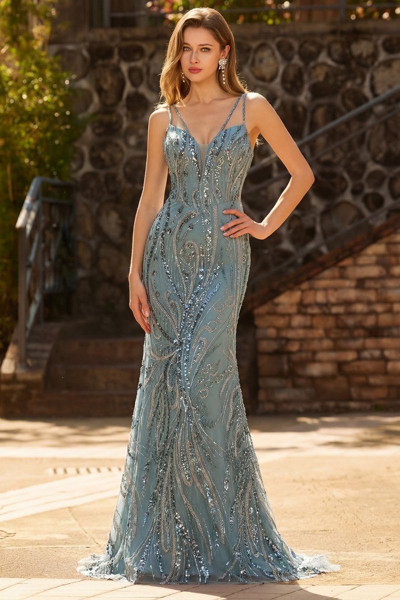 Load image into Gallery viewer, Sparkly Plus Size Mermaid Grey Blue Long Prom Dress with Beadings