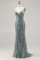 Load image into Gallery viewer, Sparkly Grey Blue Mermaid Long Prom Dress with Beadings