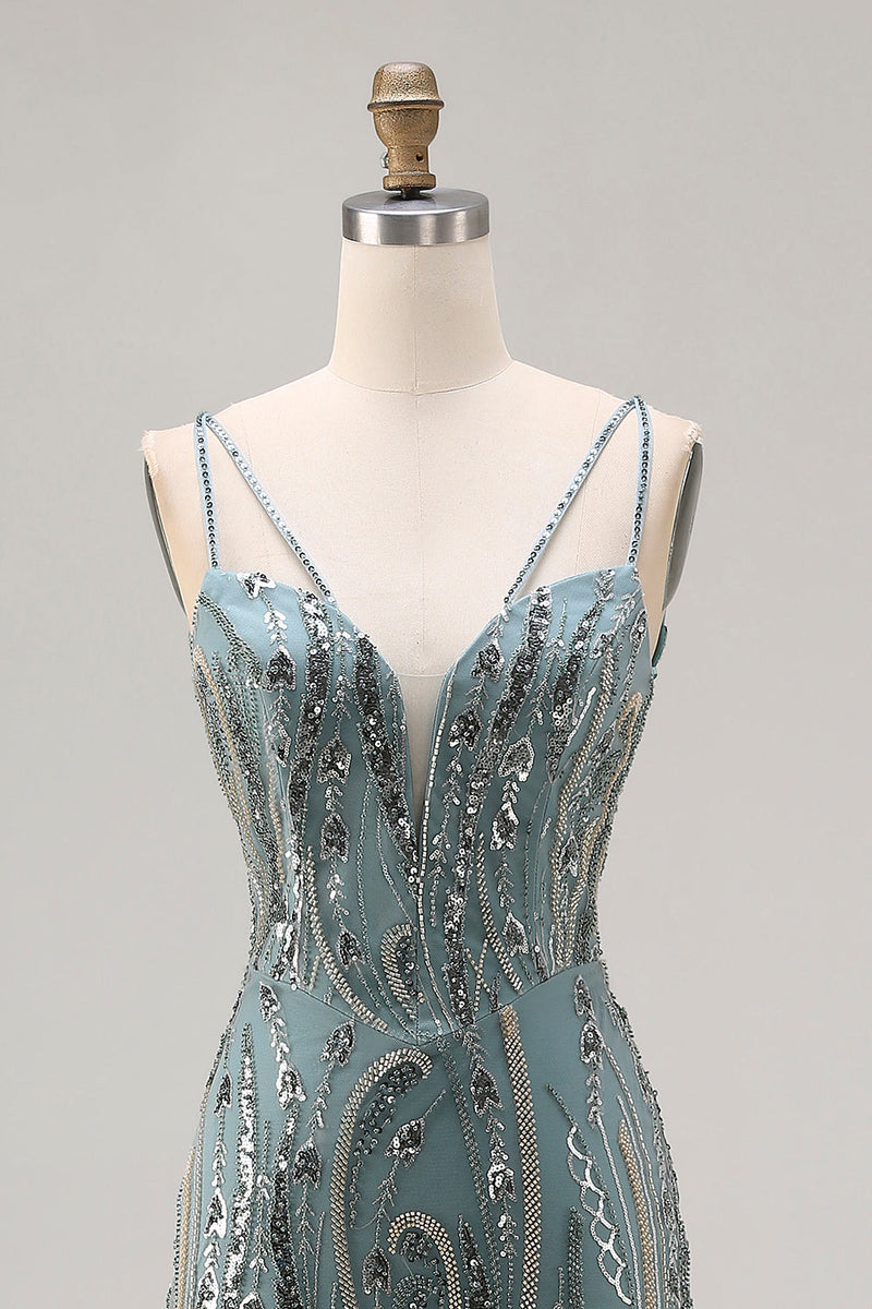 Load image into Gallery viewer, Sparkly Grey Blue Mermaid Long Prom Dress with Beadings