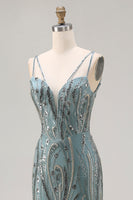 Load image into Gallery viewer, Sparkly Grey Blue Mermaid Long Prom Dress with Beadings