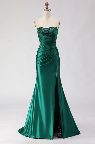 Sparkly Dark Green Satin Ruched Mermaid Long Prom Dress with Slit