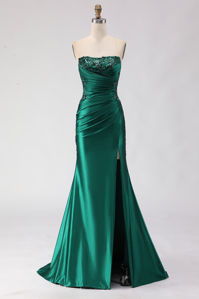 Load image into Gallery viewer, Sparkly Dark Green Satin Ruched Mermaid Long Prom Dress with Slit