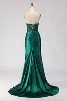Load image into Gallery viewer, Sparkly Dark Green Satin Ruched Mermaid Long Prom Dress with Slit