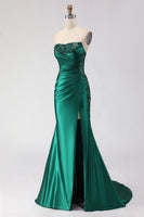 Load image into Gallery viewer, Sparkly Dark Green Satin Ruched Mermaid Long Prom Dress with Slit