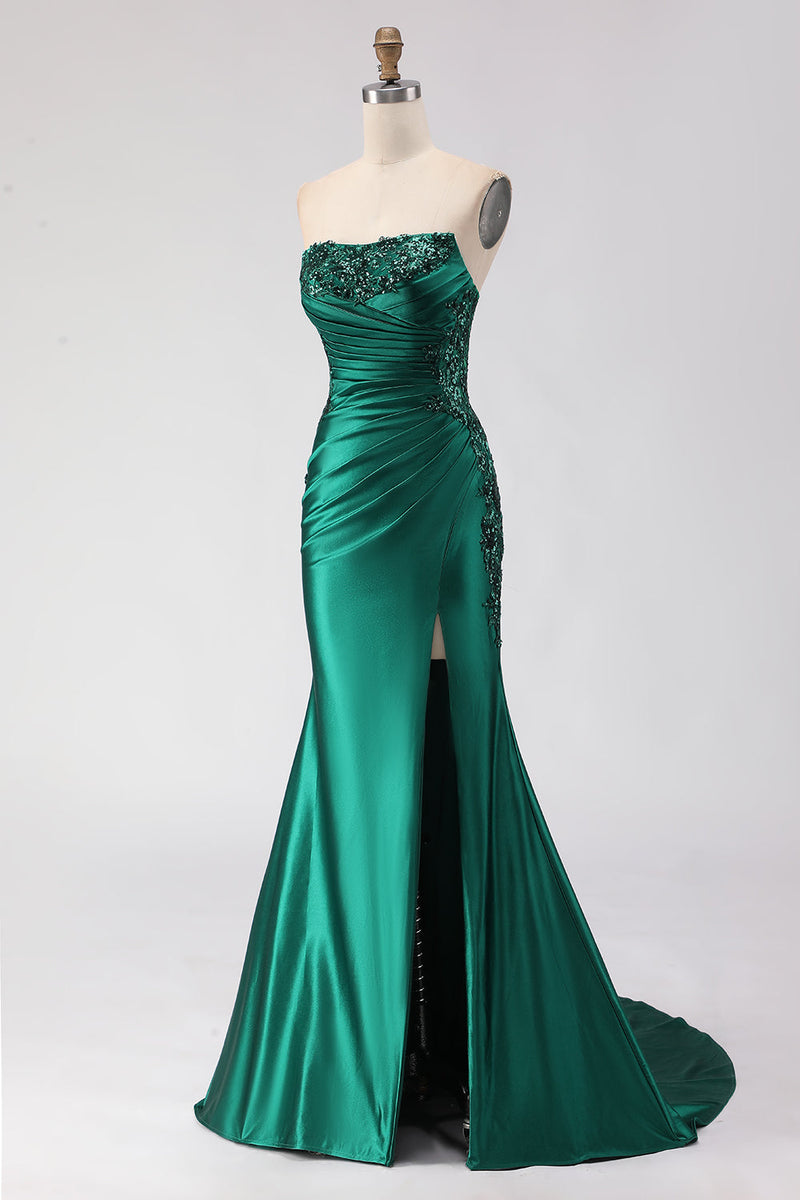 Load image into Gallery viewer, Sparkly Dark Green Satin Ruched Mermaid Long Prom Dress with Slit