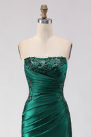 Load image into Gallery viewer, Sparkly Dark Green Satin Ruched Mermaid Long Prom Dress with Slit