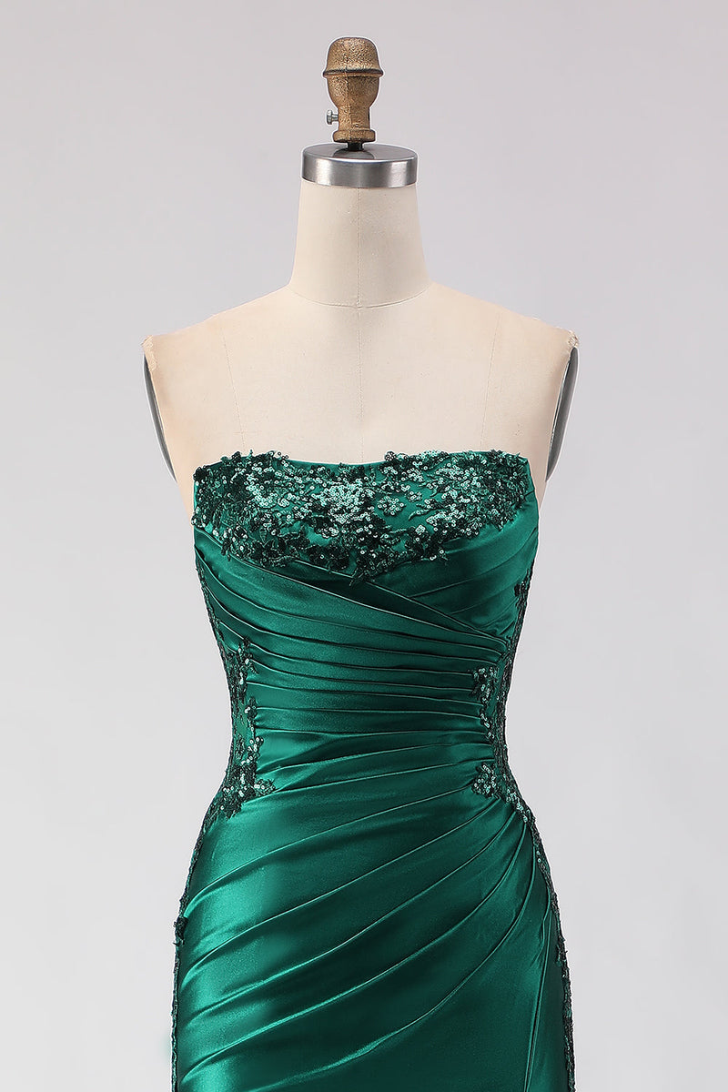 Load image into Gallery viewer, Sparkly Dark Green Satin Ruched Mermaid Long Prom Dress with Slit