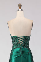 Load image into Gallery viewer, Sparkly Dark Green Satin Ruched Mermaid Long Prom Dress with Slit