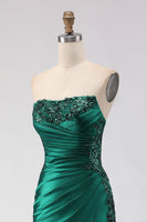 Load image into Gallery viewer, Sparkly Dark Green Satin Ruched Mermaid Long Prom Dress with Slit
