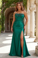 Load image into Gallery viewer, Sparkly Plus Size Dark Green Ruched Satin Mermaid Long Prom Dress with Slit