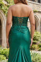 Load image into Gallery viewer, Sparkly Plus Size Dark Green Ruched Satin Mermaid Long Prom Dress with Slit