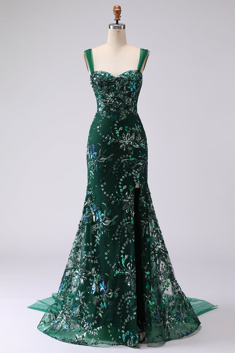 Load image into Gallery viewer, Sparkly Floral Dark Green Sequin Mermaid Long Prom Dress with Slit