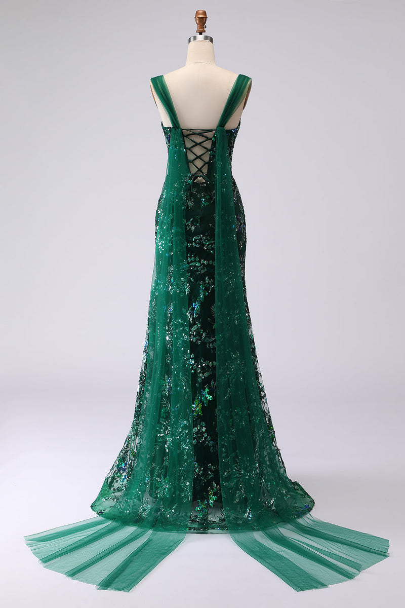 Load image into Gallery viewer, Sparkly Floral Dark Green Sequin Mermaid Long Prom Dress with Slit