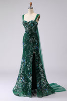 Load image into Gallery viewer, Sparkly Floral Dark Green Sequin Mermaid Long Prom Dress with Slit