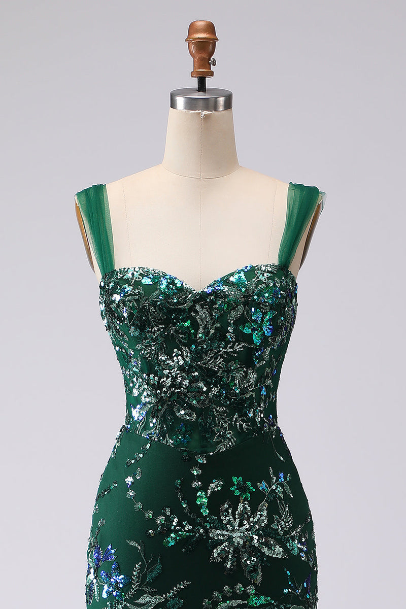 Load image into Gallery viewer, Sparkly Floral Dark Green Sequin Mermaid Long Prom Dress with Slit