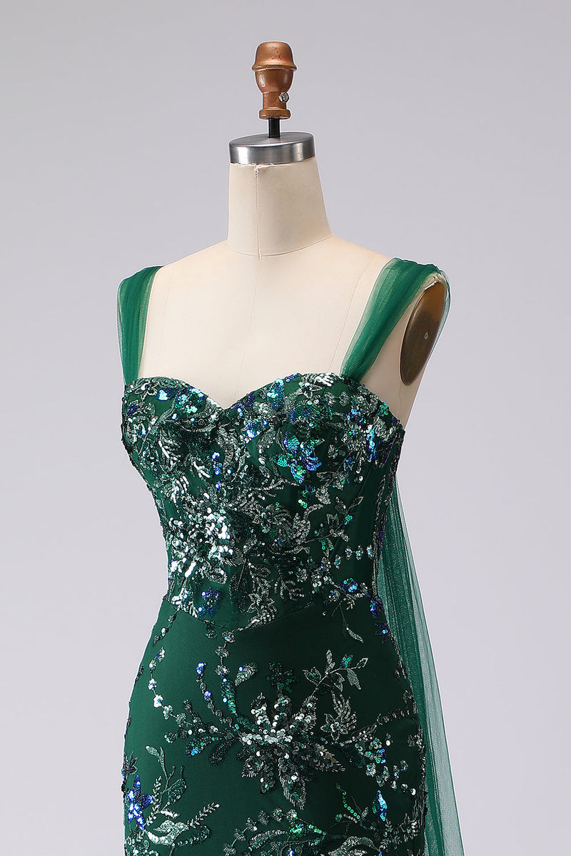 Load image into Gallery viewer, Sparkly Floral Dark Green Sequin Mermaid Long Prom Dress with Slit