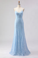 Load image into Gallery viewer, Sparkly Sky Blue Spaghetti Straps Long Prom Dress with Beadings