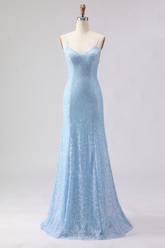 Sparkly Sky Blue Spaghetti Straps Long Prom Dress with Beadings